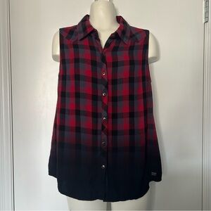 Harley Davidson Red & Black Plaid Dipped Bottom Sleeveless Button up Top